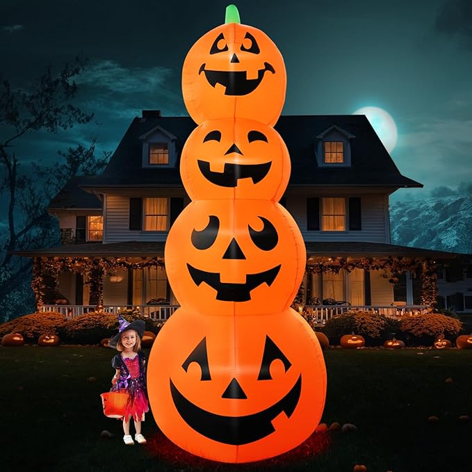 12FT Giant Halloween Inflatable Four-Story Pumpkin Decoration, Blow up Halloween Pumpkins Inflatable Built-in 4 LEDs for Halloween Inflatables Outdoor Decoration Haunted House Party Parade