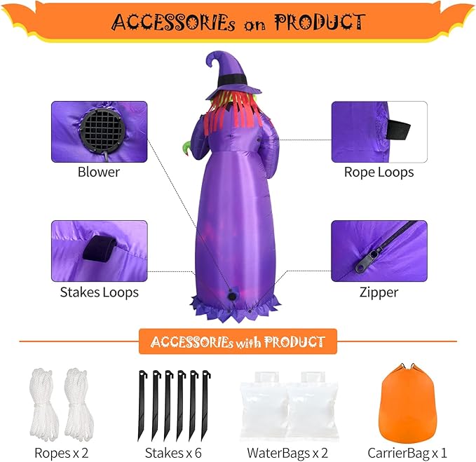 DomKom 10FT Halloween Inflatable Decorations, Blow Up Witch with Built-in LED Magic Flame Lights for Scary Halloween Party Outdoor, Yard, Garden Lawn Holiday Décor
