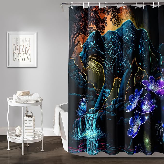 AILONEN Black Panther Shower Curtain,Glowing Panther Print Bath Curtain for Kids Boys Men,Wildlife Forest Cheetah Leopard Waterproof Shower Curtain for Bathroom, 72" W x 72" H
