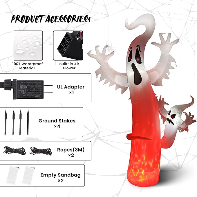 Toodour 8 FT Halloween Inflatables Outdoor Decorations Ghost - Blow Up Yard Decorations for Halloween Party, Built-in Red LED Disco Lights, Inflatable Ghost Decor for Outdoor Garden Yard Holiday