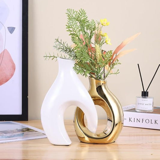 Ceramic Decorative Vases 2 Piece Set, Bohemian Style Openwork White and Gold Decorative Vases, Home Decor Aesthetics for Kitchen Cabinets, Office, Bedroom, Dresser, Entryway Table Decor.