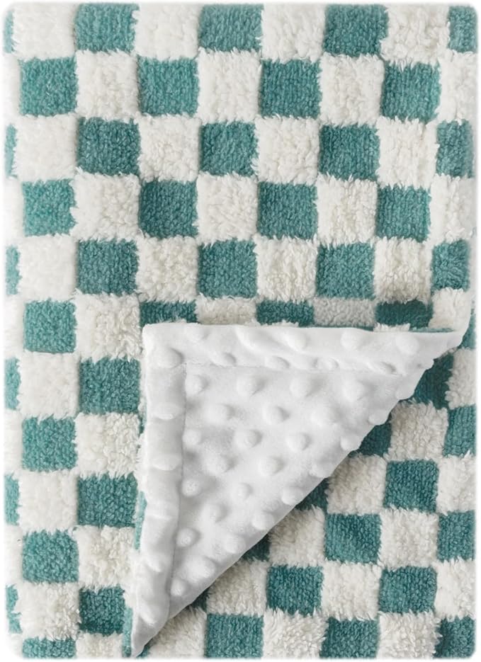 Soft Checkered Baby Blankets for Unisex Girls or Boys Breathable Gender Neutral Nursery Double Layer Blankets with Dotted Backing for Newborn Toddlers (30” X 40”)