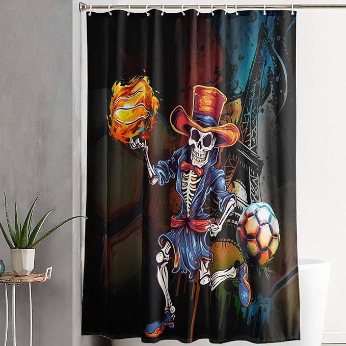 AILONEN Sugar Skull Shower Curtain,Funny Skull Skeleton Design Shower Curtain Set with Hooks for Boys Girls Teens,Skeletons Playing Balls Waterproof Fabric Shower Curtain for Bathroom,36" W*72" H