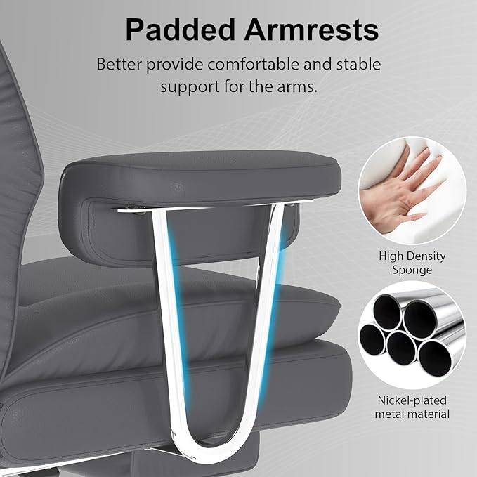 Big and Tall Office Chair, Ergonomic Leather High Back Executive Computer Desk Chair with Retractable Footrest and Padded Arms, 360°Swivel Free, 90-135°Reclining, 500lbs Wide Seat, Gray
