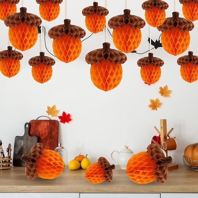 15Pcs Fall Acorn Honeycomb Decorations, Thanksgiving Paper Honeycomb Hanging Ornaments for Autumn Tree Party Favor Supplies Home Decor