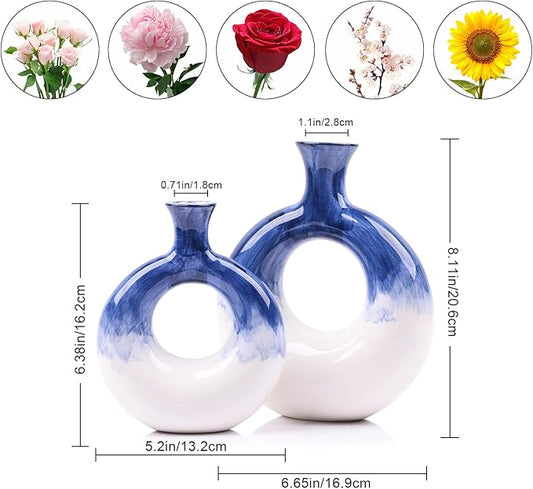Ceramic Donut Vase Set of 2 - Blue and White Circle Decorative Vases for Home Decor, Centerpieces, Boho Pampas, Office, Wedding, Dinner Table, Living Room - Modern Flower Design