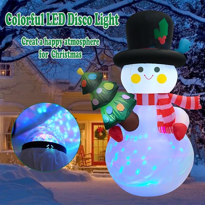 8 FT Christmas Inflatables Snowman Yard Decoration, Blow Up Snowman with Christmas Tree Outdoor Decoration with Rotating LED Lights for Holiday Party Patio Garden Lawn Decor