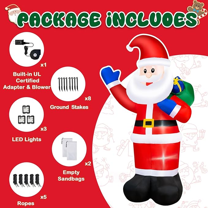 B&D 8FT Christmas Inflatables Santa Claus Outdoor Decorations, Christmas Blow Up Santa Yard Decorations Built-in LED Lights Inflatable Christmas Decorations for Holiday Xmas Party Garden Patio Lawn
