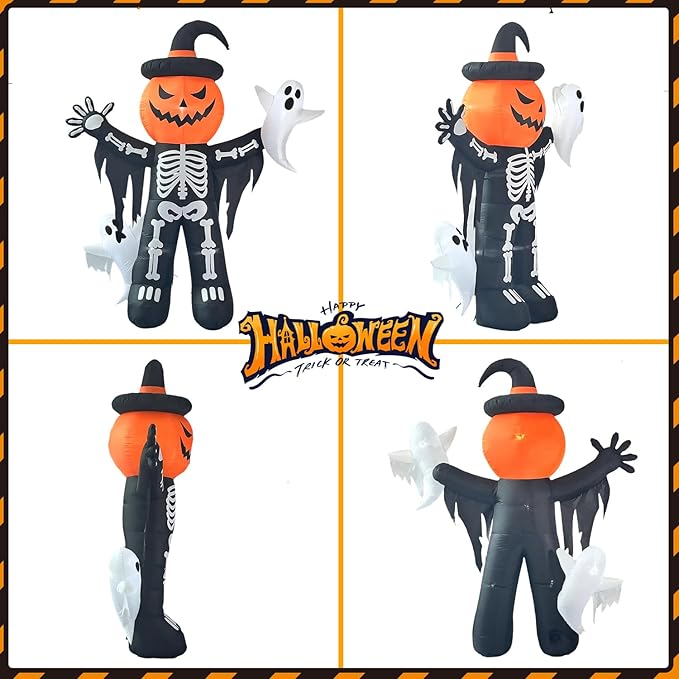 LANGXUN 8ft Skeleton Pumpkin with Ghosts 2025 Halloween Inflatable Decorations - Giant LED-Lit Outdoor Indoor Yard Decor for Lawn, Garden, Patio Holiday Parties