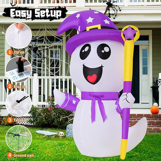 GOOSH 5FT Halloween Inflatables Ghost Outdoor Decoration Blow Up Yard Cute Ghost with Built-in LEDs for Indoor Party Garden Lawn Holiday Decor