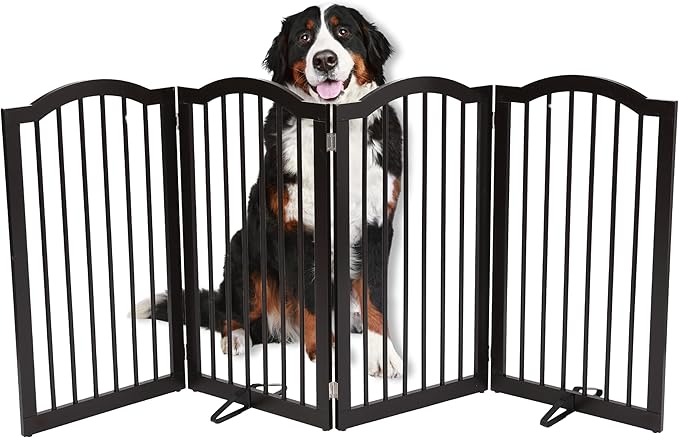 INTERNET'S BEST Arched Top Dog Gate with Support Feet | 4 Panel, 36" H Wooden Pet Barrier for Dogs or Cats | Freestanding Folding Gates for Doorways, Hallways, Stairs| Portable, Extra Wide | Espresso