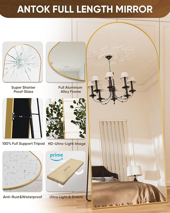Full Length Mirror, 59"x19" Floor Mirror, Arch Floor Standing Mirror Freestanding Arch Full Body Mirrors with Stand for Bedroom, Hanging Mounted Mirrors for Living Room Cloakroom, Gold