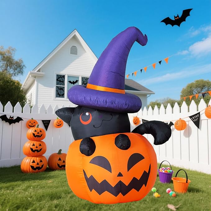 6 FT Halloween Inflatables Pumpkin Outdoor Decorations, Blow Ups Pumpkin Cat Decoration with Built-in Rotating Colorful LED Lights for Holiday Party Yard Garden Lawn