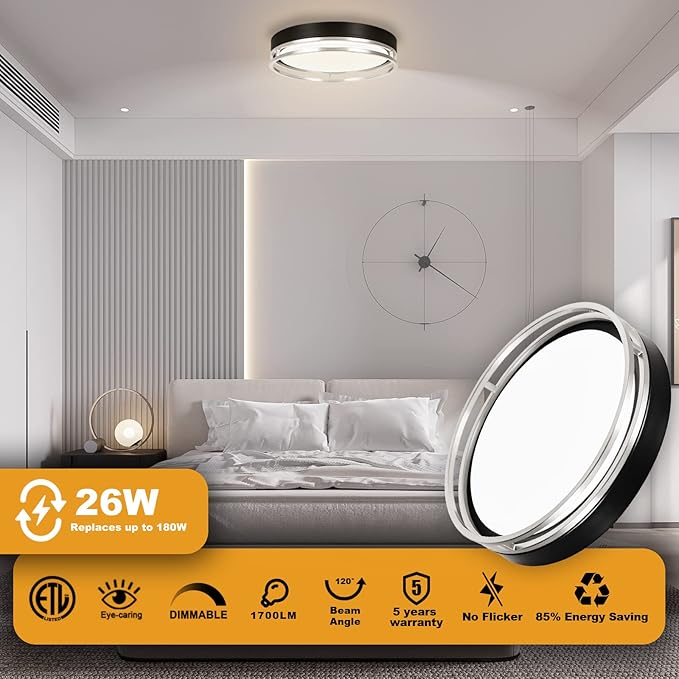 12.5 Inch LED Flush Mount Ceiling Light Fixture, 26W, Super Bright 1700 Lumens, 3 Color 3000K/4000K/5000K, Dimmable Ceiling Lamp for Bedroom Hallway Bathroom Kitchen Laundry (Black Nickel)