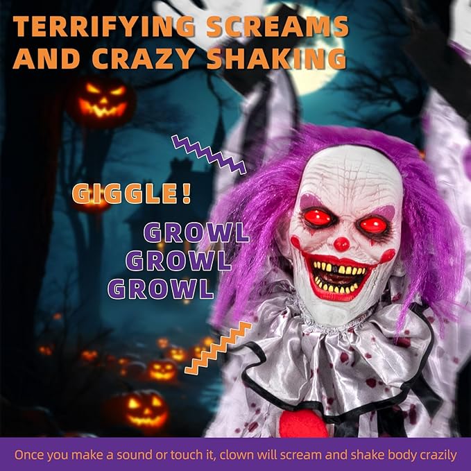Halloween Decorations Outdoor and Indoor,Scary Halloween Animatronics Clown,Hanging Clown with Light-Up Eyes and Creepy Sound,Party Decorations for Yard Lawn,Haunted House Decor