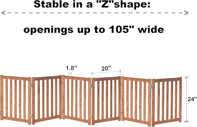 LZRS 6-Panel Extra-Wide Freestanding Wooden Dog Gate – 24”High Foldable Safety Pet Barrier for Doorways, Hallways, Kitchens, and Long Staircases, Durable Design fit Small to Medium Dogs, Oak