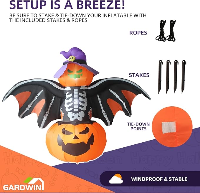 Gardwin 8FT Width Halloween Inflatable Bat Outdoor Decorations, Inflatable Yard Decorations, Blow up Outdoor Halloween Holiday Decor with LED Lights for Home Yard Garden Lawn