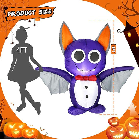 Dearsun 4FT H Adorable Halloween Inflatable Purple Bat with Build-in LED Lights Blow up Outer Indoor Decoration Large Party Yard Decoration