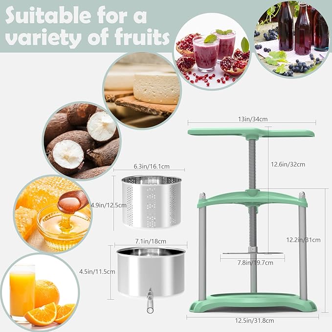 SQUEEZE master Cheese Tincture Herb Fruit Wine Manual Press-0.8Gallon/ 3 Litre with Triangular Structure & T-Handle-Stainless Steel for Juice, Cider,Wine,Olive Oil-Green