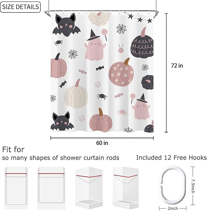 Cute Halloween Shower Curtain 60"X72" Ghost Pumpkin Spooky Funny Girls Shower Curtain Set for Bathroom Kids Cartoon Lovely Waterproof Bathtub Curtain Decor Bat Bathroom Curtain with 12 Hooks