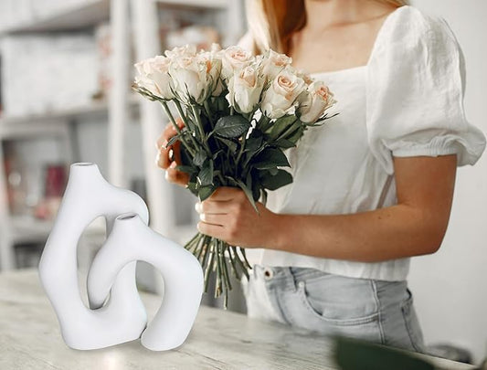 White Ceramic Vase Set of 2 for Modern Nordic Vases Irregular Artistic Vase Minimalism Style Flower Vases for Living Room Office Bedroom Wedding Table Centerpiece Entryway (2PCS)