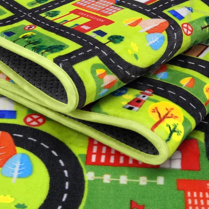Kids Playmat Car Rug, City Life Fun Carpet Educational Car Rugs for Kids Play with Cars and Toys Road Traffic Play Mat for Bedroom Playroom Classroom Soft Large Area Rug, 8x10 ft Black Streets