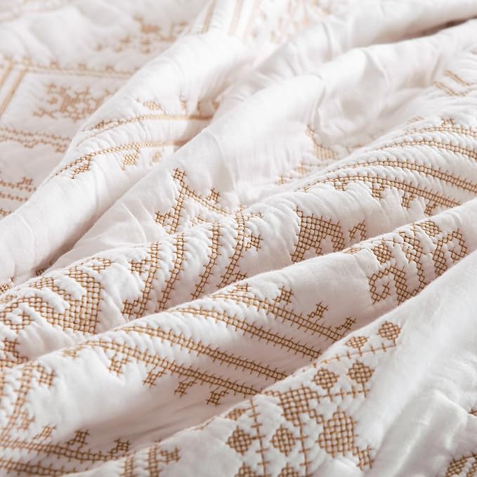 mixinni 3 Pieces Queen Size Comforter Set Gold Embroidery Pattern Printed Soft Cotton White Quilt Set-Queen Size