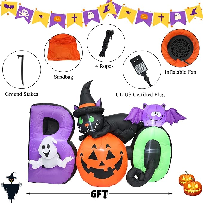 6 FT Long Halloween Inflatable Boo Black Cat with Pumpkin and Ghost Outdoor Decoration, Holiday Decorations Built-in White LED Light Blow Up Halloween Decorations for Yard, Garden, Lawn,Holiday, Party