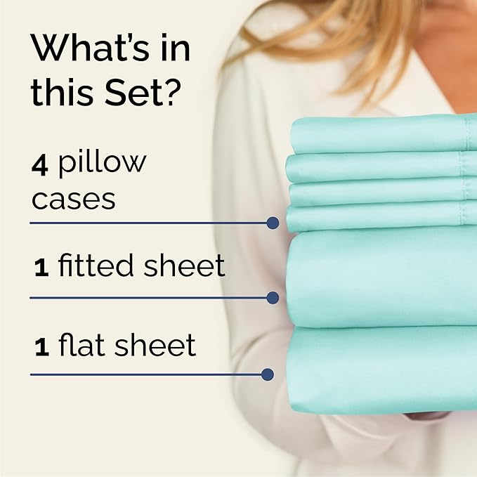 CGK Linens Queen 6 Piece Sheet Set - Cooling Sheets for Hot Sleepers - Hotel Luxury Bedding Set with 8-16 Inch Deep Pockets - 1 Flat & 1 Fitted & 4 Pillowcases - Soft, Comfy & Wrinkle Free - Spa Blue