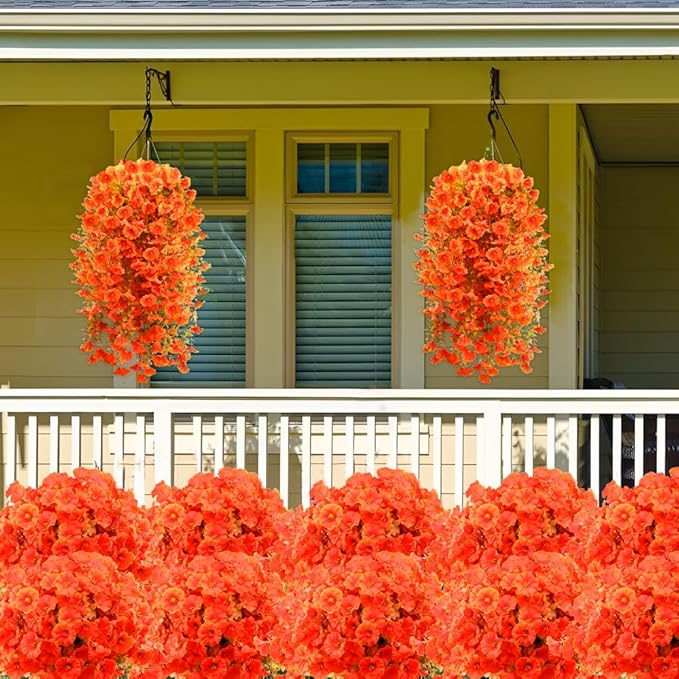Artificial Fall Flowers for Outdoors Fake Hanging Decoration, 6Pcs Orange Autumn Decor, Realistic Artificial Fall Plants, UV & Fading Resistant Silk Flower for Porch Patio Balcony Planter Yard (Fall)