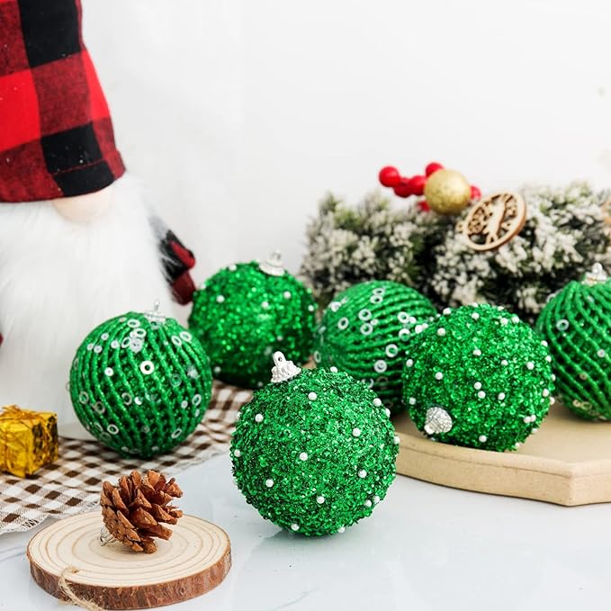 3.15" Christmas Ball Ornaments Glitter Shatterproof Christmas Tree Ornaments Sequin Xmas Hanging Balls Decorations for Wedding Party Holiday(Green, 12pc-8cm)
