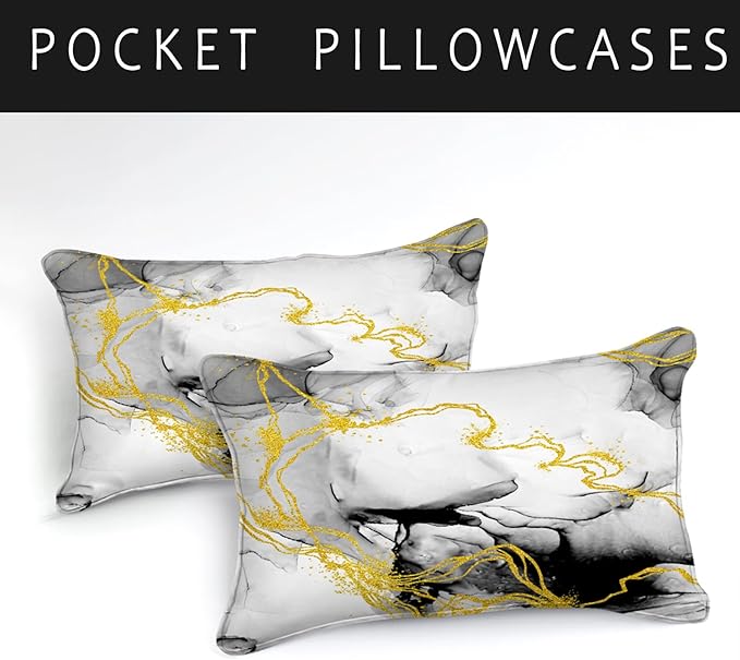 Bedbay Marble Comforter Set King Size Watercolor Bedding Black and Gold Bedding Duvet Set Abstract Marble Texture 4 Pieces Soft Microfiber Lightweight Down Alternative Comforter(Ink,King) 
