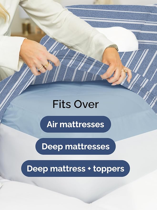 Extra Deep Cal King Sheet Set - 6 Piece Breathable & Cooling Sheets - Hotel Luxury Bed Sheets Set - Easy Fit - Soft, Wrinkle Free & Comfy Sheets Set - Blue Striped Sheet Set with Extra Deep Pockets