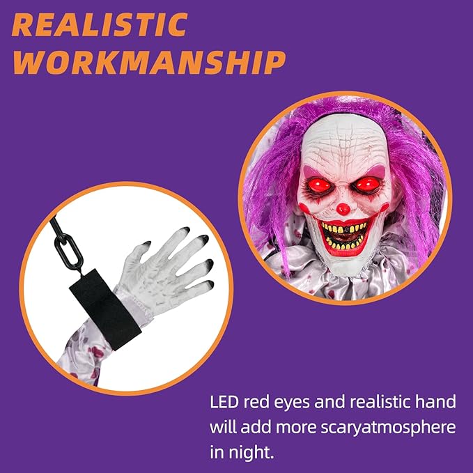 Halloween Decorations Outdoor and Indoor,Scary Halloween Animatronics Clown,Hanging Clown with Light-Up Eyes and Creepy Sound,Party Decorations for Yard Lawn,Haunted House Decor