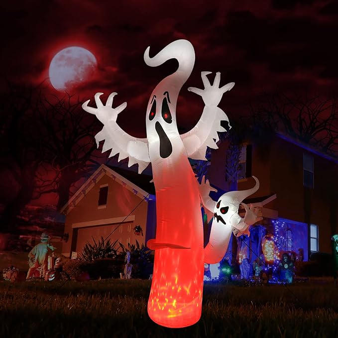 Toodour 8 FT Halloween Inflatables Outdoor Decorations Ghost - Blow Up Yard Decorations for Halloween Party, Built-in Red LED Disco Lights, Inflatable Ghost Decor for Outdoor Garden Yard Holiday