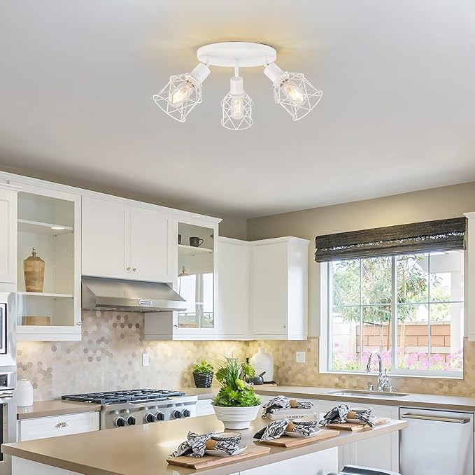 WILON Flush Mount Ceiling Light, Kitchen Lighting Fixtures 3-Light Semi Flush Mount Light, Multi-Directional White Ceiling Track Lighting for Kitchen Hallway Dining Room Entryway(E26 Base)