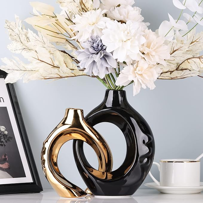 Black Gold Ceramic Vase Set of 2 for Modern Home Decor,Round Boho Vase for Pampas Grass,Neutral Minimalist Vase for Dining Room Table Centerpiece Dining Room,Wedding Table Decoration
