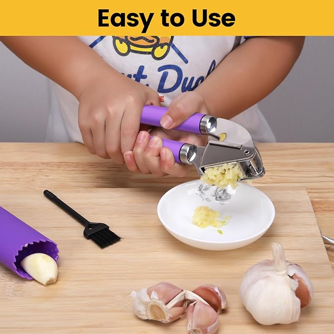 Garlic Press Mincer, 304 Stainless Steel Garlic Press with Garlic Peeler Tube, Heavy Duty Metal Ginger Press, Purple