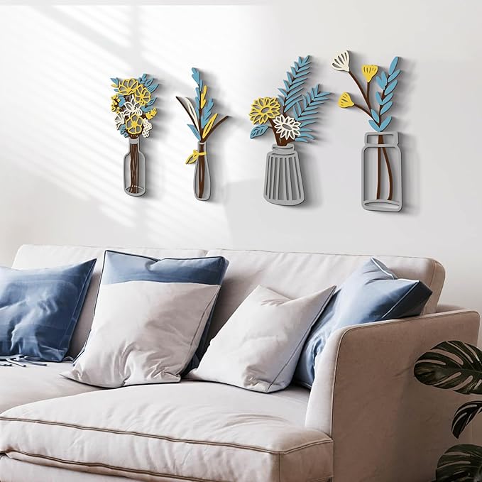 Glamativity Large 4 Pcs Colorful and Black Double-Sided Metal Flowers and Vases Wall Arts, 22.5 x 12'' Minimalist Wall Décor, 3D Textured Sculptures, Floral Iron Wall Decorative