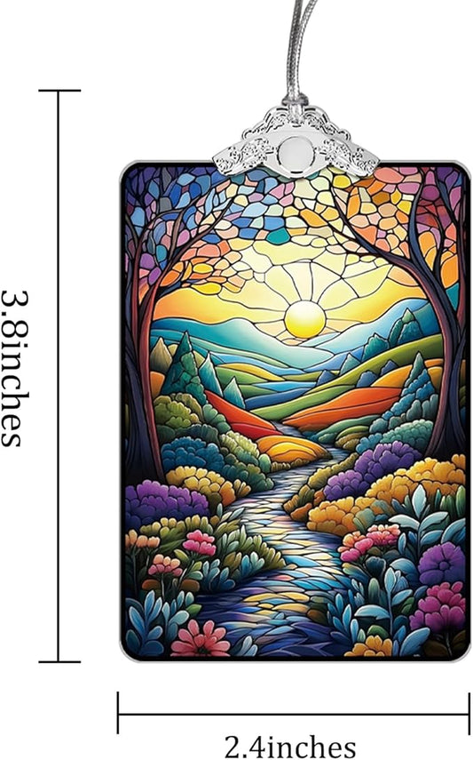 Colorful Mountain Path Landscape Stained Glass Ornament, 2025 Christmas Tree Hanging Decoration for Gift Exchange or Stocking Stuffer, Nature Holiday Decor, 3.8 x 2.4 Inch