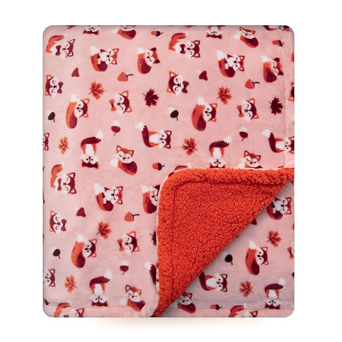 DaysU Plush Flannel Sherpa Baby Blanket for Girls Boys, Portable Reversible Soft Micro Fleece Baby Crib Throw Blanket with Animal Print for Newborn and Nursery, Fox, 30"x40"