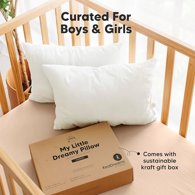 KeaBabies 2-Pack Toddler Pillow - Soft Organic Cotton Toddler Pillows for Sleeping, 13X18 Small Pillow for Kids,Kids Pillows for Sleeping,Kids Pillow for Travel,School, Nap,Age 2 to 5 (Soft White)