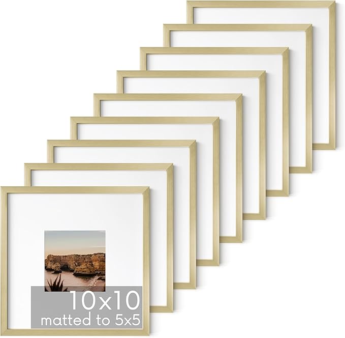 HAUS AND HUES 10x10 Gold Metal Picture Frames Matted to 5x5 - Features Premium Aluminum & Hanging Hardware, Shatterproof Plexiglass - Ideal for Home, Room, Office (10x10 in, Gold, Set of 9)
