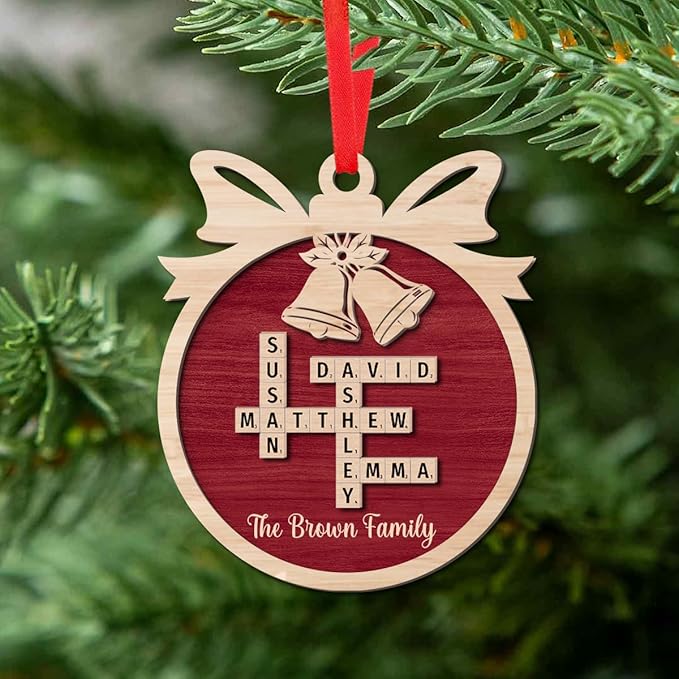 Custom Family Crossword Ornament, Personalized Wooden Christmas Decoration