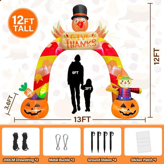 12FT Thanksgiving Inflatable Archway with LED Light, Kalolary Giant Turkey Arch Inflatables Happy Thanksgiving Day Blow up Outdoor Decoartion Autumn Harvest Yard Inflatable for Lawn Holiday Home