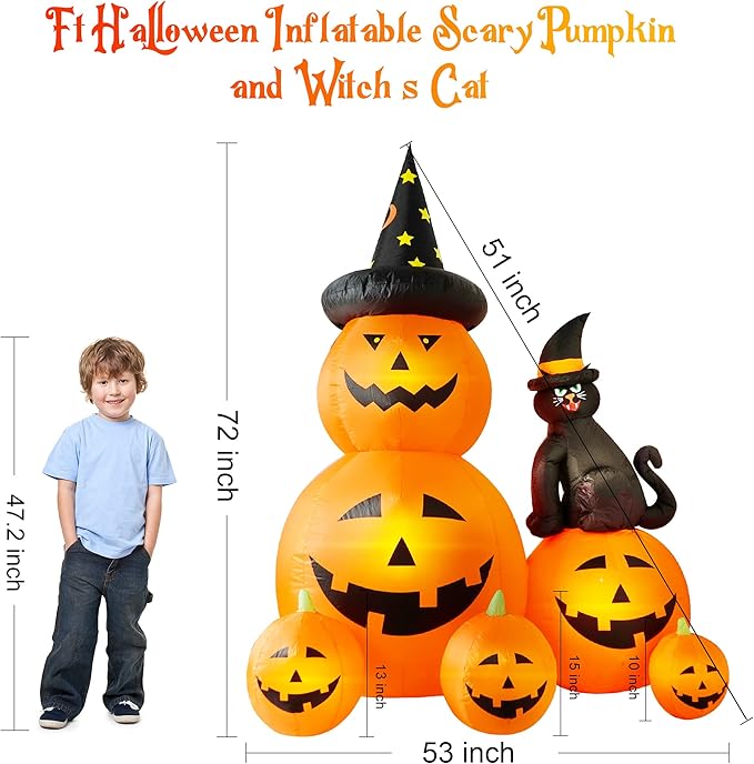 6 FT Halloween Inflatable Decorations Spooky Ghost Pumpkin Lighted and Witch's Cat, Halloween Decorations Outdoor Inflatables Pumpkin Combo with Build-in LED Blow Up Inflatables for Yard Garden