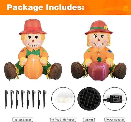3.3FT Fall Day Outdoor Inflatable Decoration, Set of 2 Adorable Air-Blown Boy Girl Scarecrow with Pumpkin Yard Decor, Lighted Thanksgiving Harvest Decorations for Front Door Garden Lawn