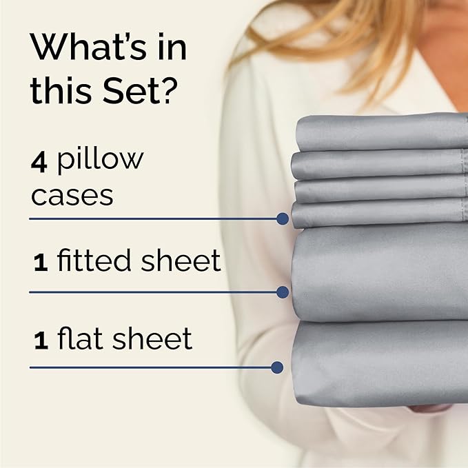 CGK Linens Queen 6 Piece Sheet Set - Cooling Sheets for Hot Sleepers - Hotel Luxury Bedding Set w/ 8-16 Inch Deep Pockets - 1 Flat & 1 Fitted & 4 Pillowcases - Soft, Comfy & Wrinkle Free - Steel Blue