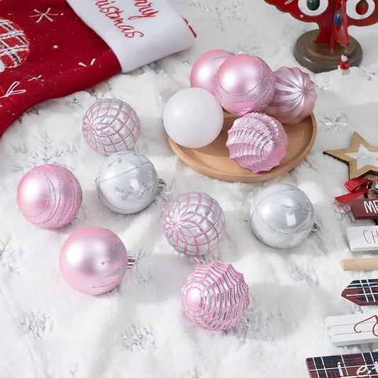 100Pcs Christmas Ball Ornaments Set, Assorted Shatterproof Christmas Ornament, Christmas Tree Theme Hanging Decoration for Xmas Tree Holiday/Party/Home Decor (Pink & Silver & White)