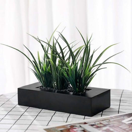 MyGift Artificial Green Grass Plants Potted in 9-inch Matte Black Wood Decorative Planter, Tabletop Faux Greenery in Wooden Rectangular Pot Centerpiece Décor